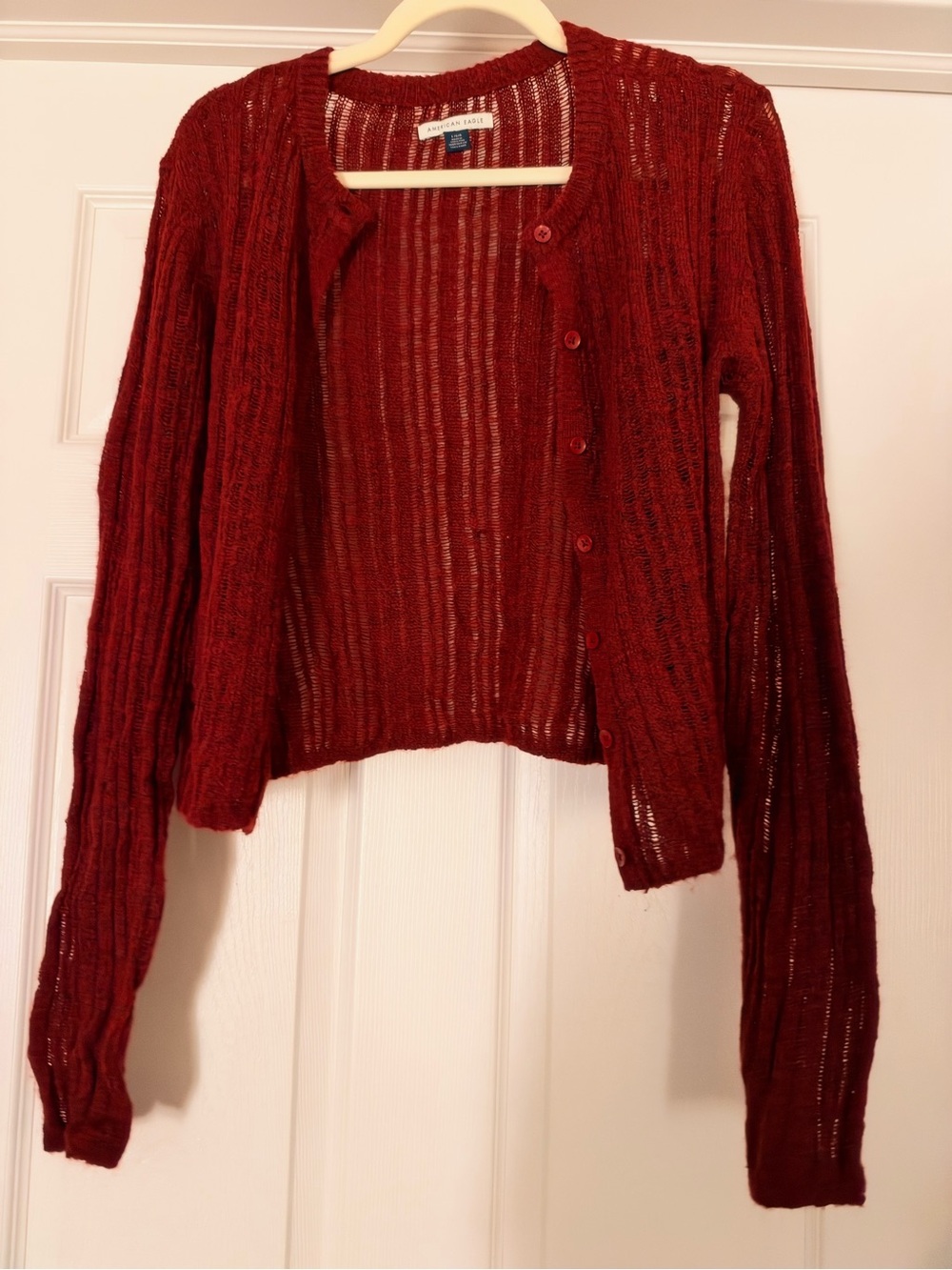 American Eagle Outfitters Open-Knit Maroon Button Cardigan